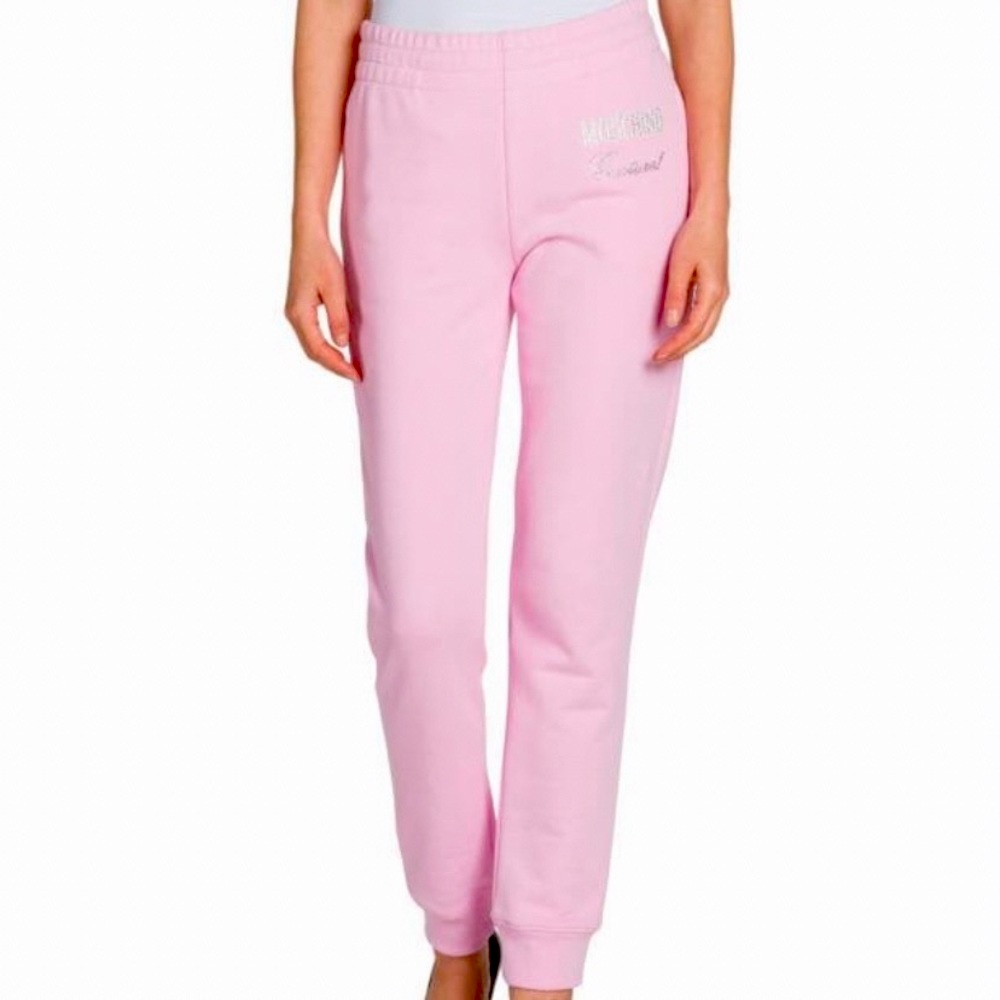 MOSCHINO COUTURE PINK JOGGERS SEAM POCKETS W/ZIPPER CLOSE LOGO CRYSTALS SZ US 4